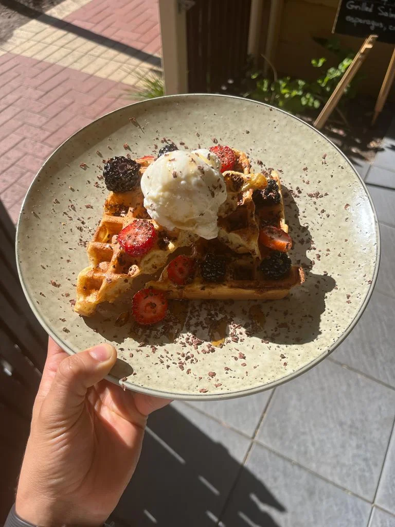 Waffles with ice cream and berries